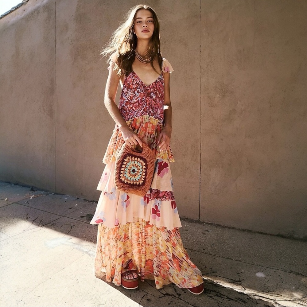 NWT Free People Coralie Tiered Maxi Dress Boho Festival Cottagecore Printed Sz 6